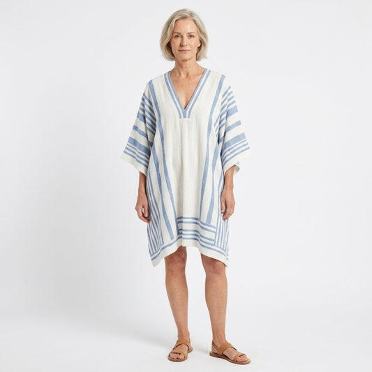 Striped kimono tunic for women — loose fit — beach and travel — White