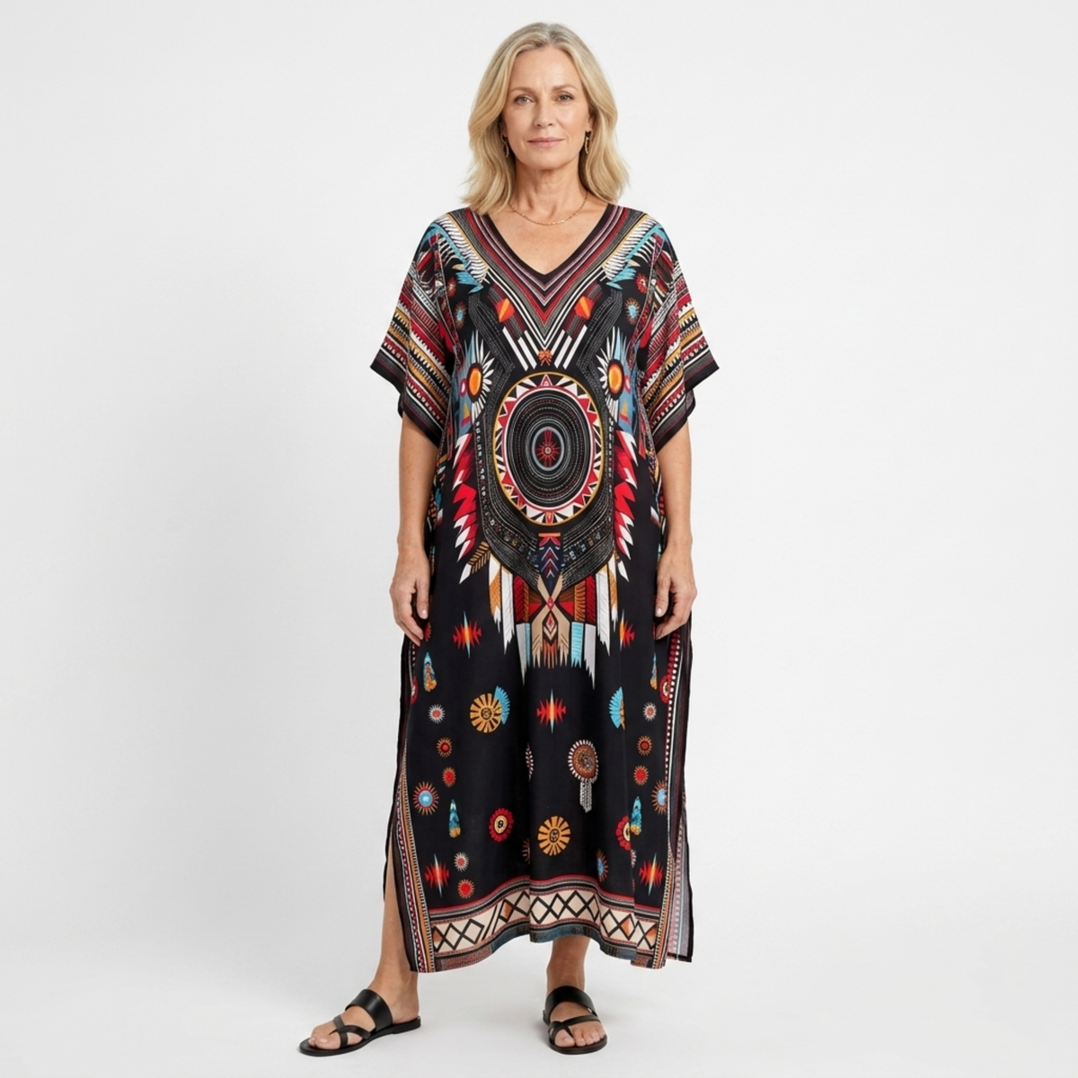 Plus size kaftan kimono dress — loose fit — beach and travel — Black/Red/Orange