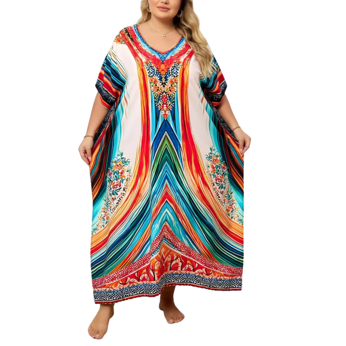 Plus size kaftan kimono dress — loose fit — beach and travel — White/Red/Blue