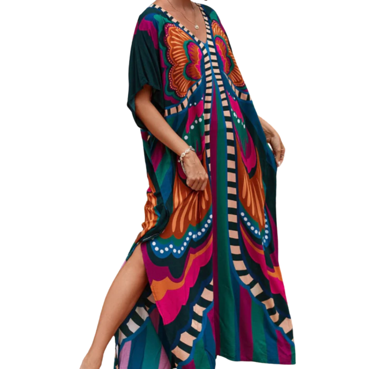 Plus size kaftan kimono dress — loose fit — beach and travel — Black/Orange/Teal