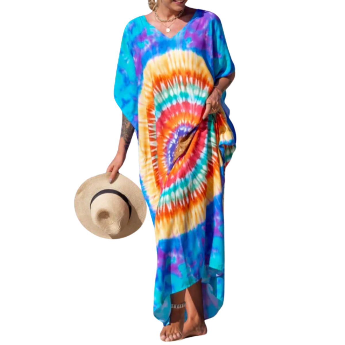 Plus size kaftan kimono dress — loose fit — beach and travel — Blue/Orange/White