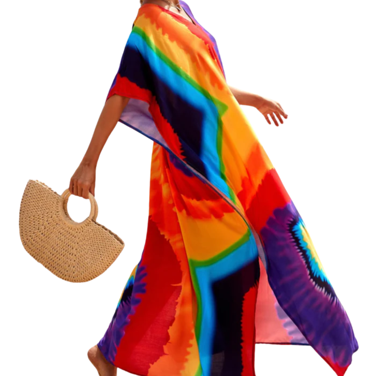 Plus size kaftan kimono dress — loose fit — beach and travel — Red/Yellow/Blue