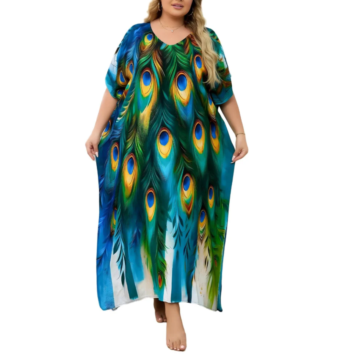 Plus size kaftan kimono dress — loose fit — beach and travel — Green/Blue/Yellow