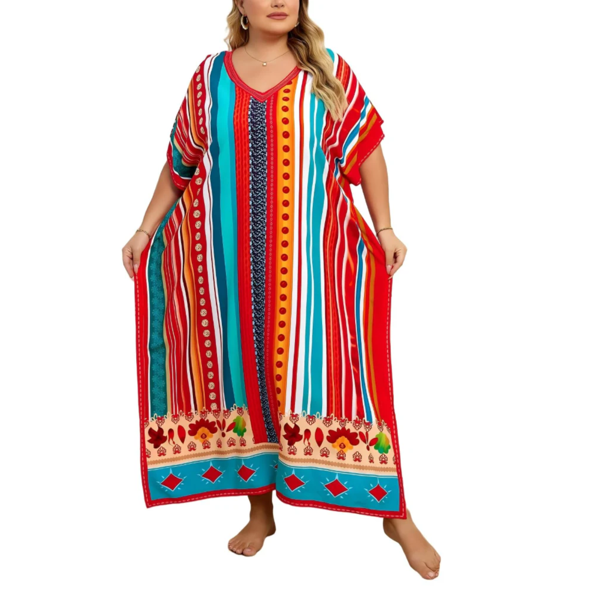 Plus size kaftan kimono dress — loose fit — beach and travel — Red/Blue/White