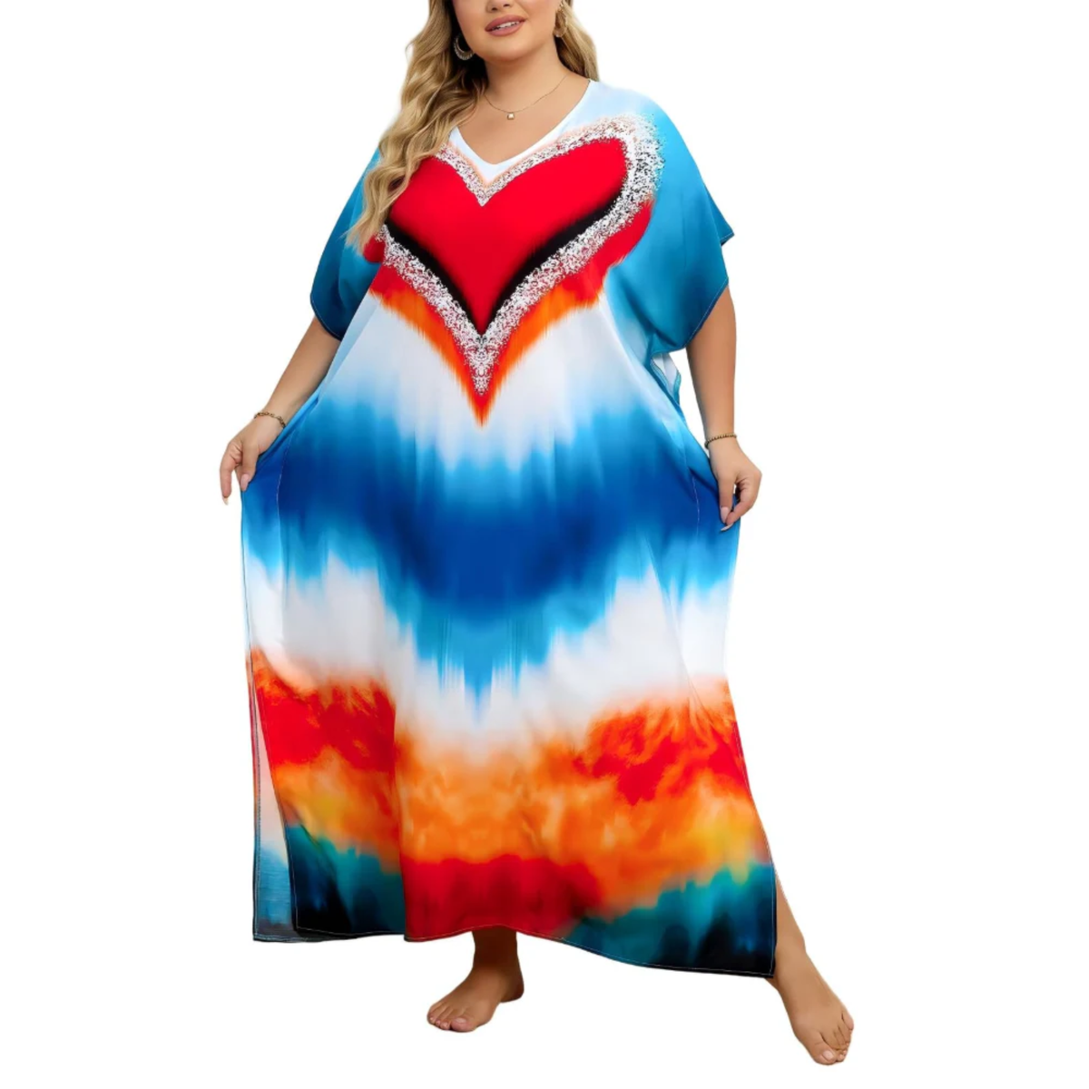 Plus size kaftan kimono dress — loose fit — beach and travel — Blue/White/Red