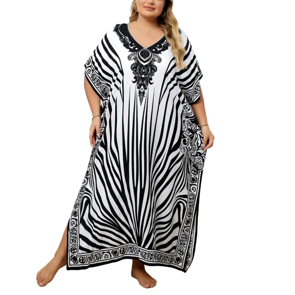 Plus size kaftan kimono dress — loose fit — beach and travel — Black/White