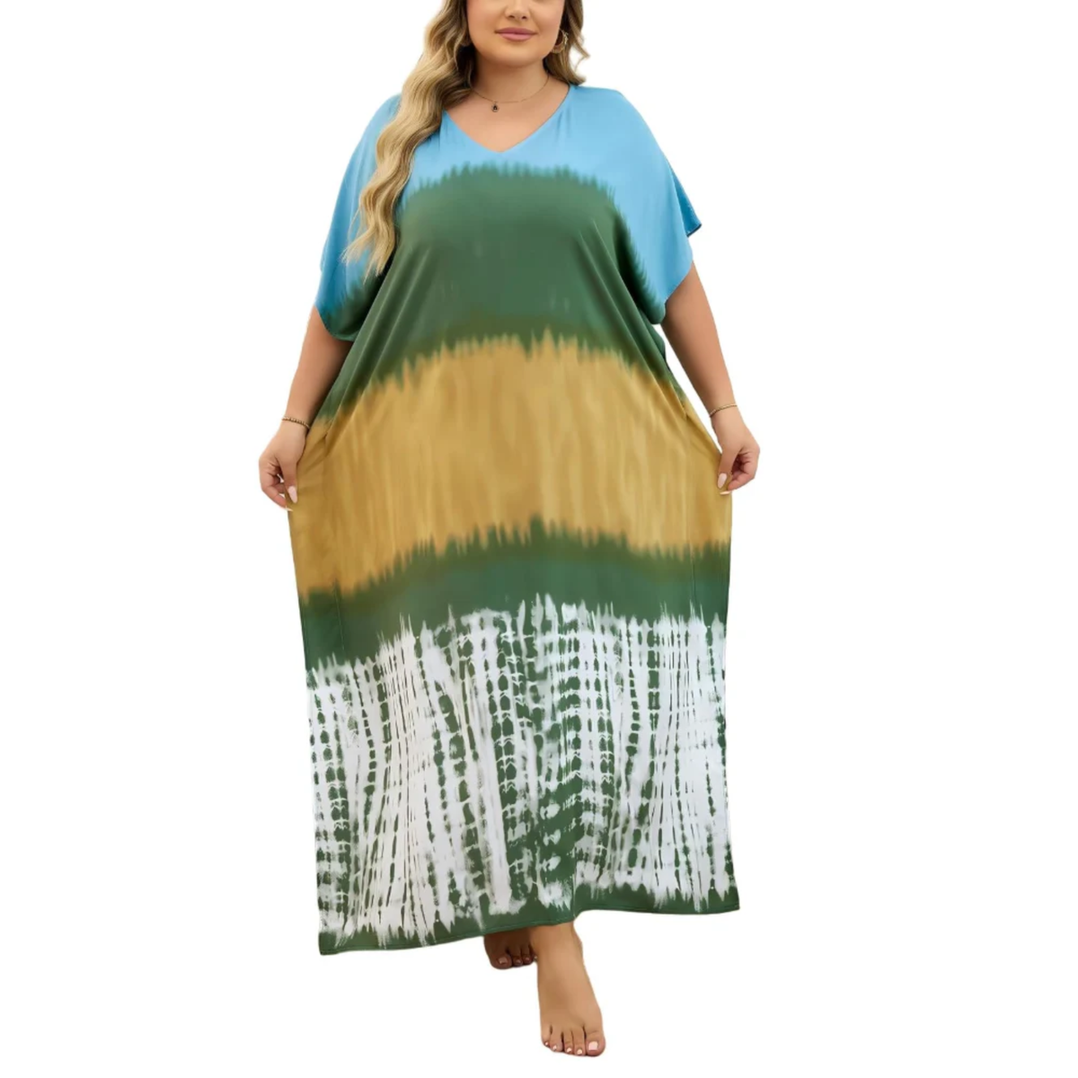 Plus size kaftan kimono dress — loose fit — beach and travel — Green/Yellow/Blue