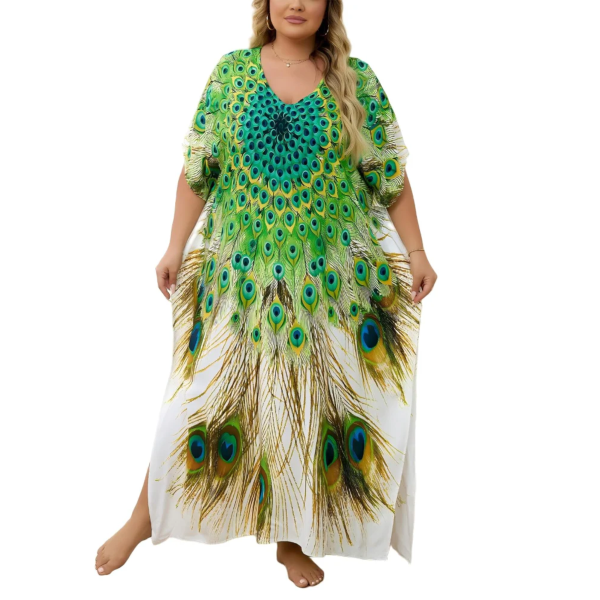 Plus size kaftan kimono dress — loose fit — beach and travel — Green/White/Blue