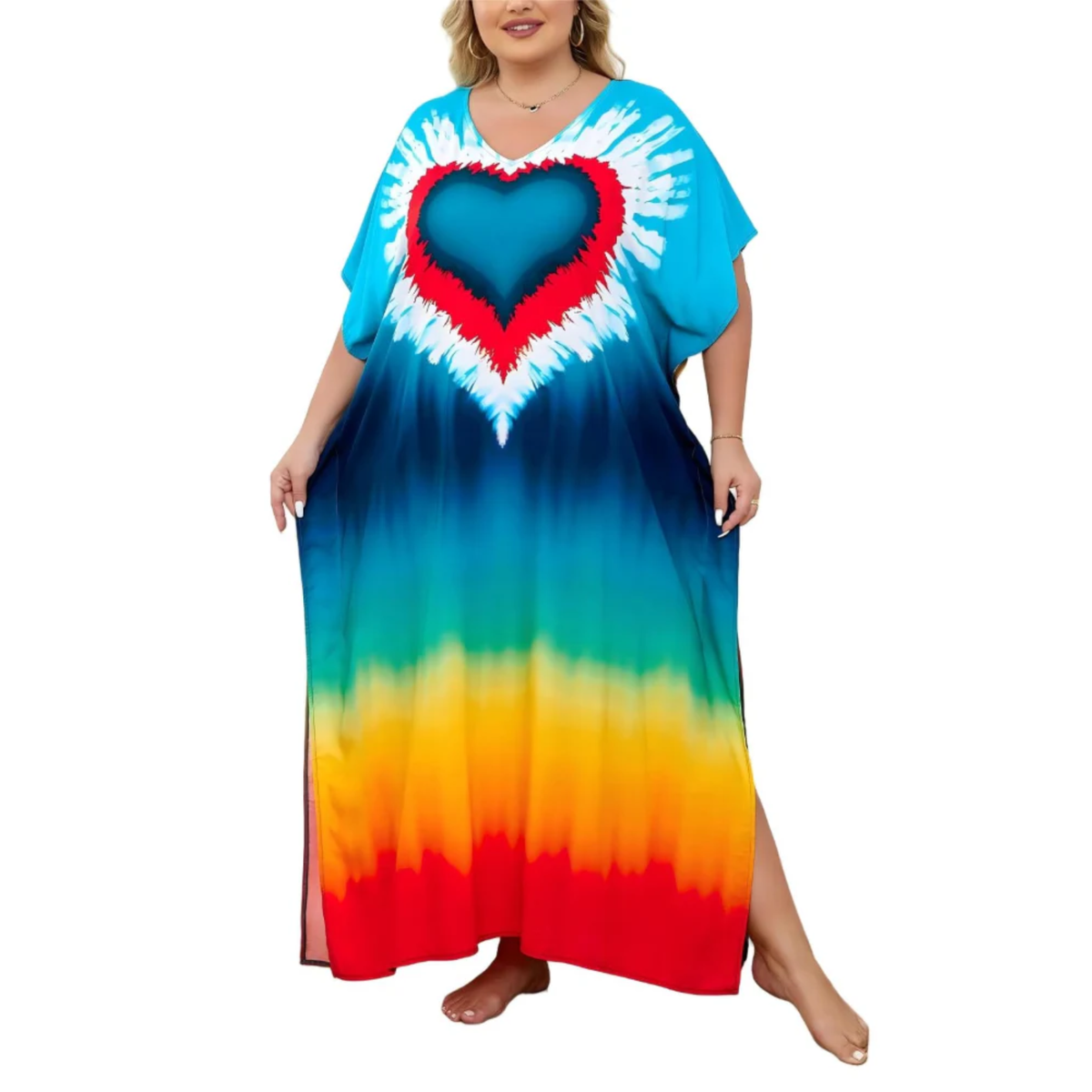 Plus size kaftan kimono dress — loose fit — beach and travel — Blue/Red/Yellow
