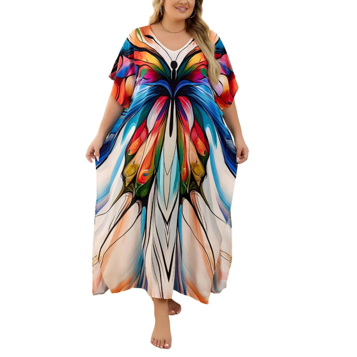 Plus size kaftan kimono dress — loose fit — beach and travel — Black/Blue/Red