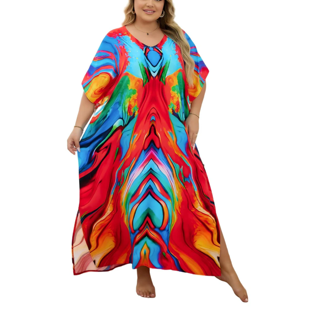 Plus size kaftan kimono dress — loose fit — beach and travel — Red/Blue/Yellow