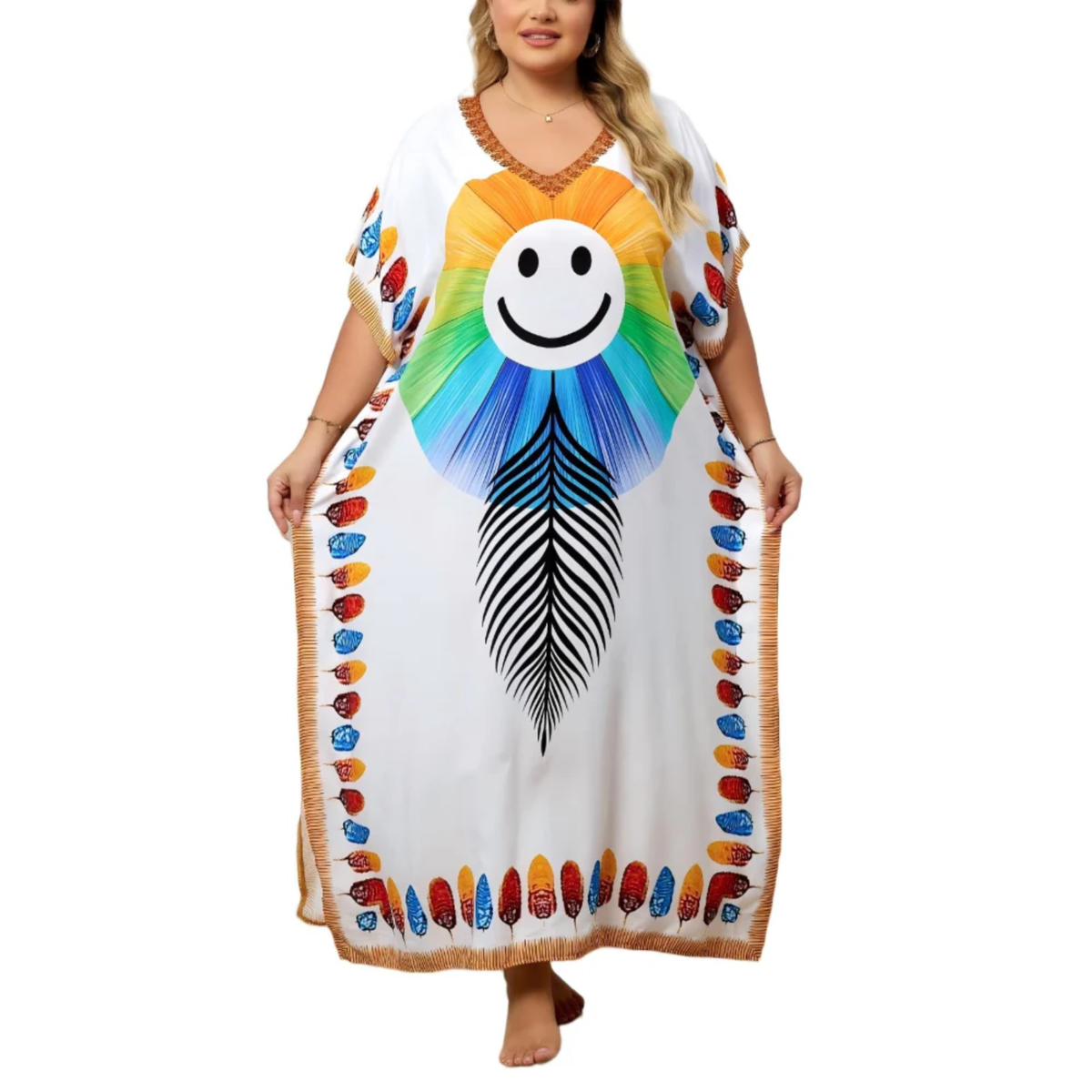 Plus size kaftan kimono dress — loose fit — beach and travel — White/Blue/Orange
