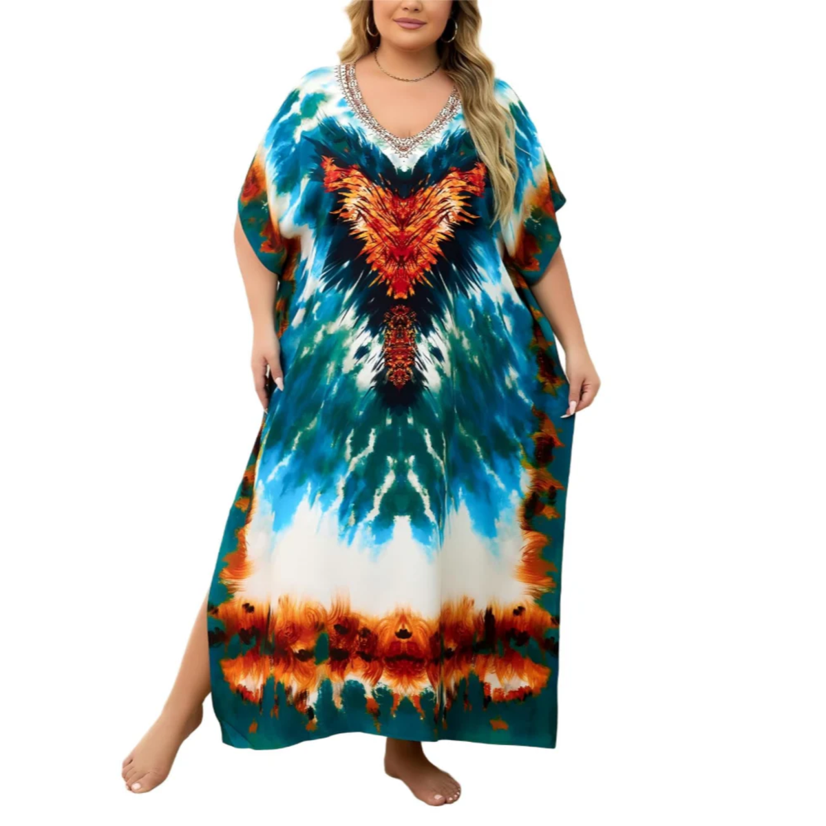 Plus size kaftan kimono dress — loose fit — beach and travel — Teal/Orange/Black