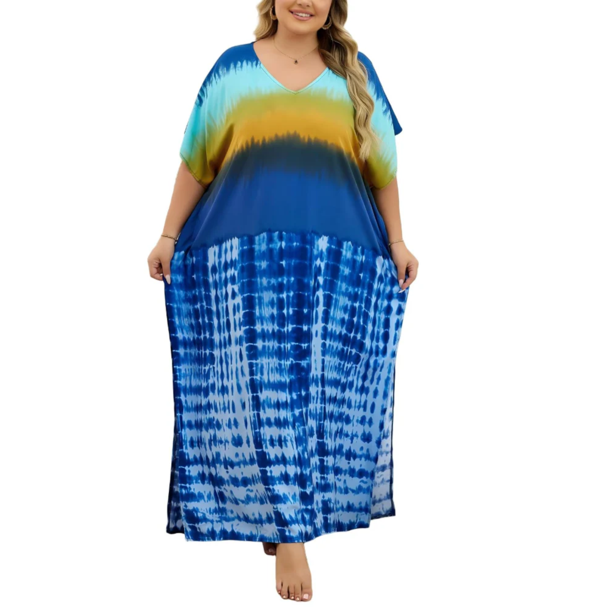 Plus size kaftan kimono dress — loose fit — beach and travel — Blue/Yellow/White