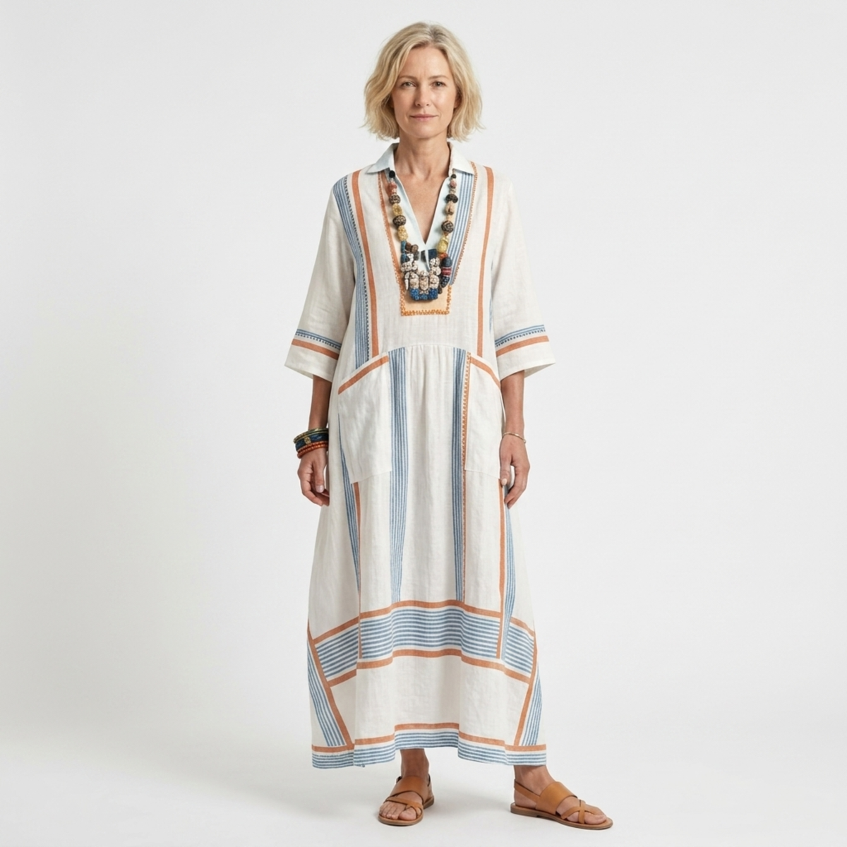 Striped kimono caftan dress — flared cut — beach vacation — White