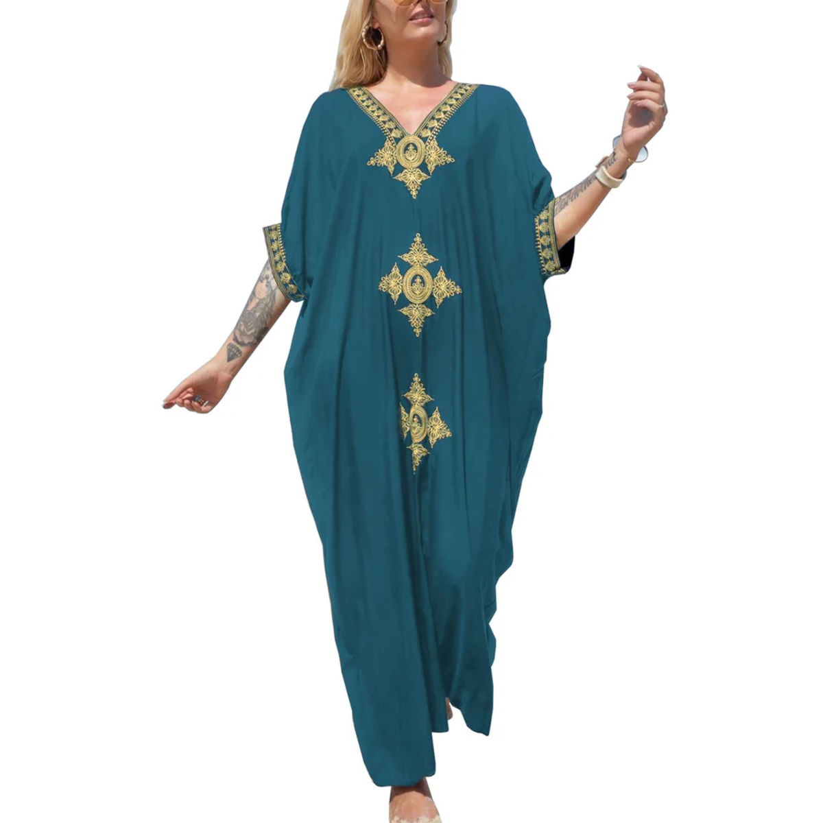 Long beach kimono robe — loose fit — summer vacation — Teal/Gold