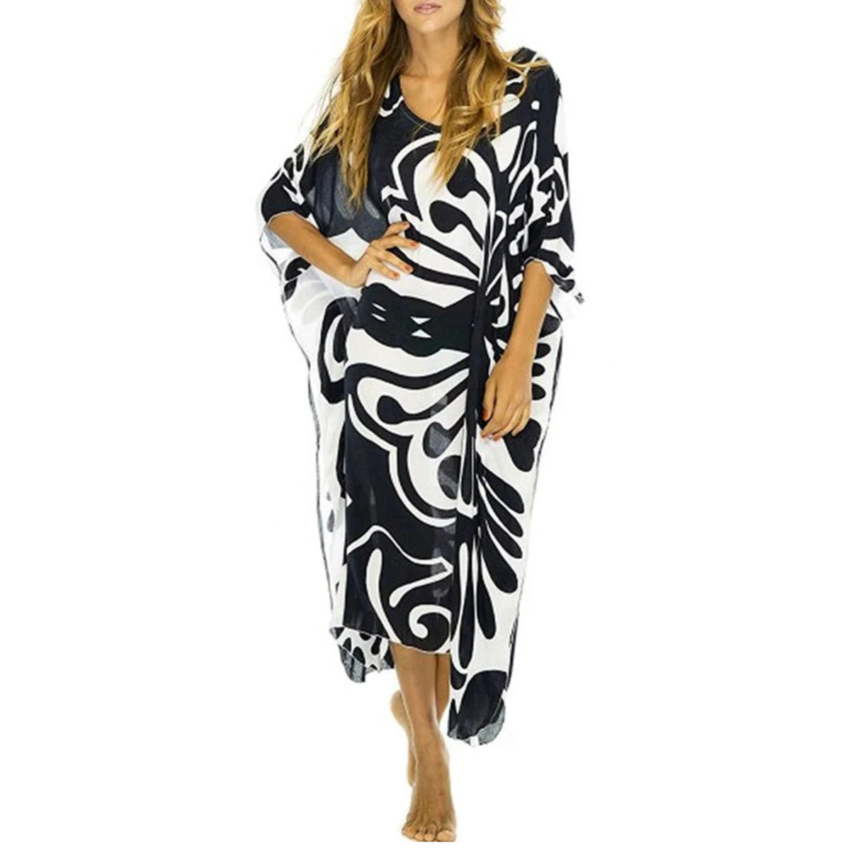 Long beach kimono robe — loose fit — summer vacation — Black/White