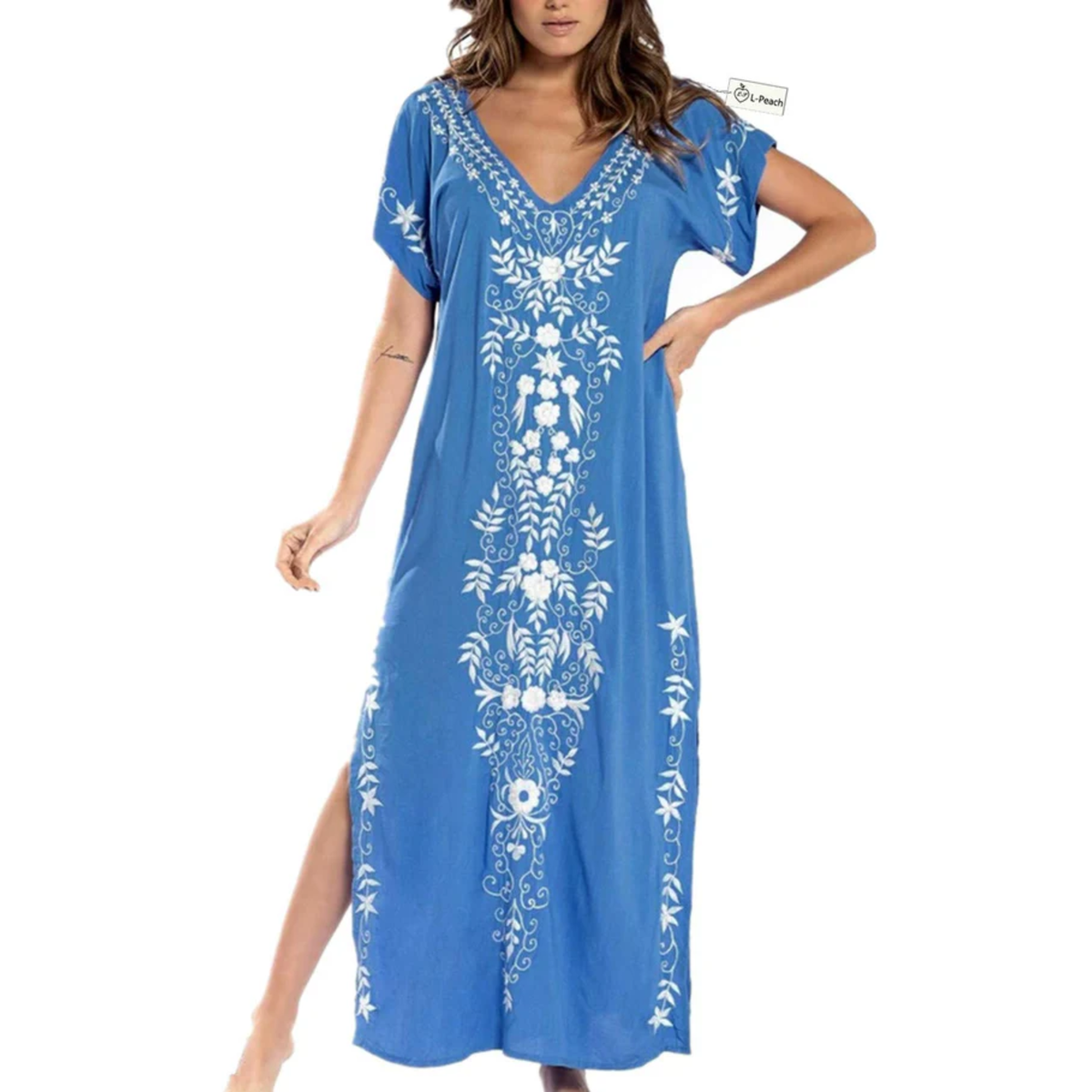 Long beach kimono robe — loose fit — summer vacation — Blue/White