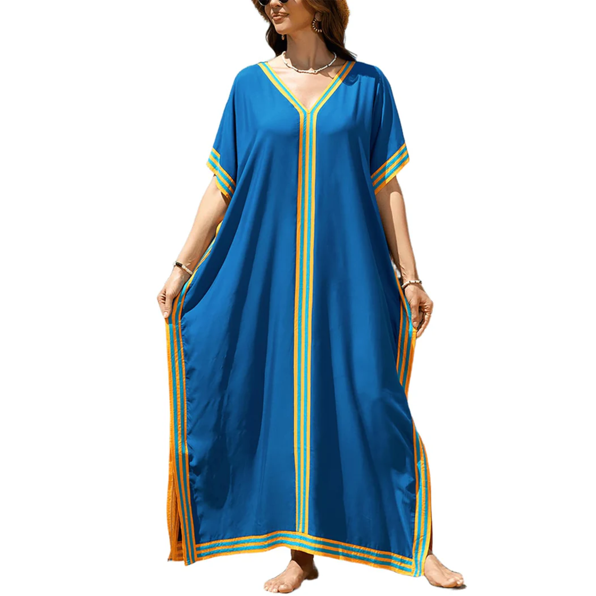 Long beach kimono robe — loose fit — summer vacation — Blue/Yellow