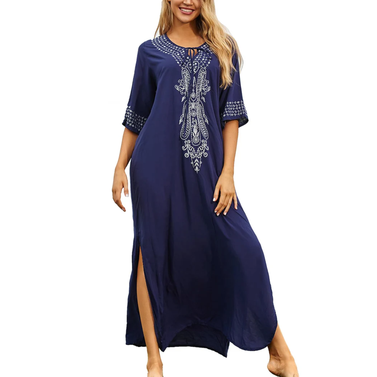 Long beach kimono robe — loose fit — summer vacation — Navy Blue/White