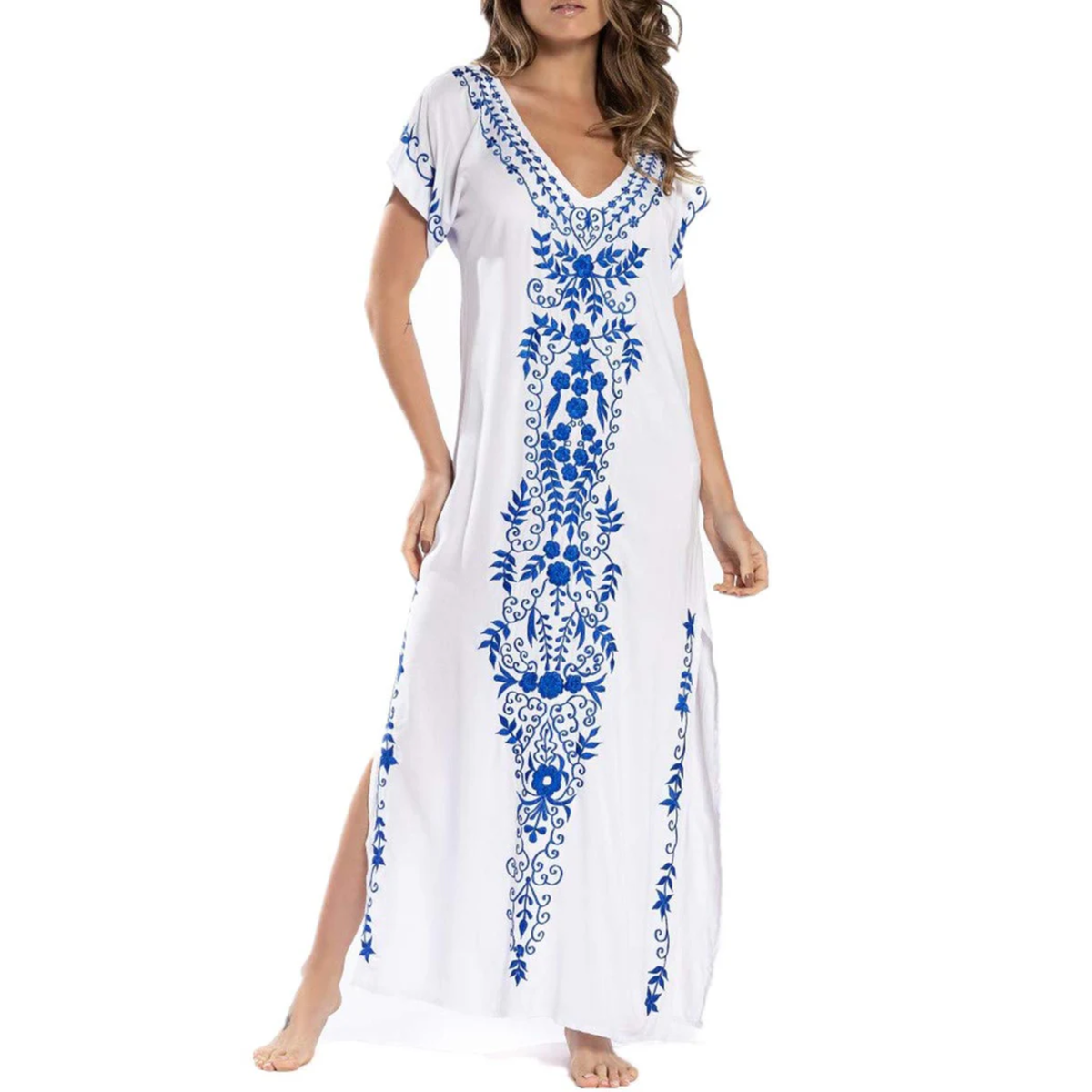 Long beach kimono robe — loose fit — summer vacation — White/Blue