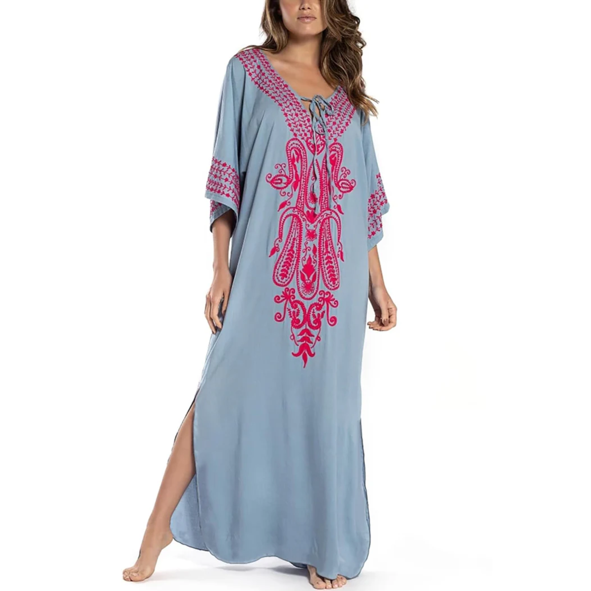 Long beach kimono robe — loose fit — summer vacation — Light Blue/Pink