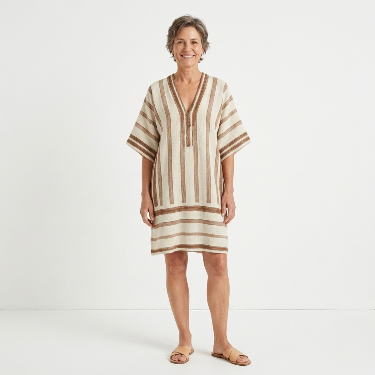 Striped beach kimono robe — loose kaftan with tassels — Beige