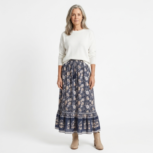 Long floral maxi skirt — trapeze cut with tassels — summer vacation — Blue