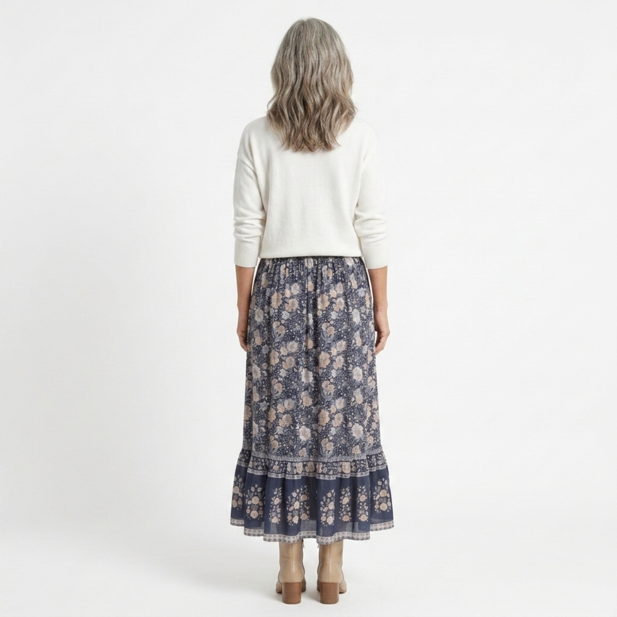 Long floral maxi skirt — trapeze cut with tassels — summer vacation — product view