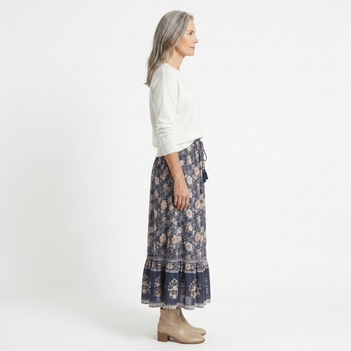 Long floral maxi skirt — trapeze cut with tassels — summer vacation — product view