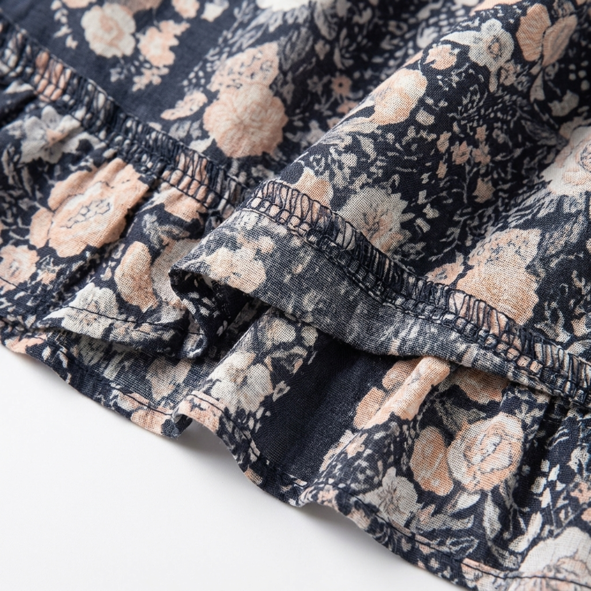 Long floral maxi skirt — trapeze cut with tassels — summer vacation — product view
