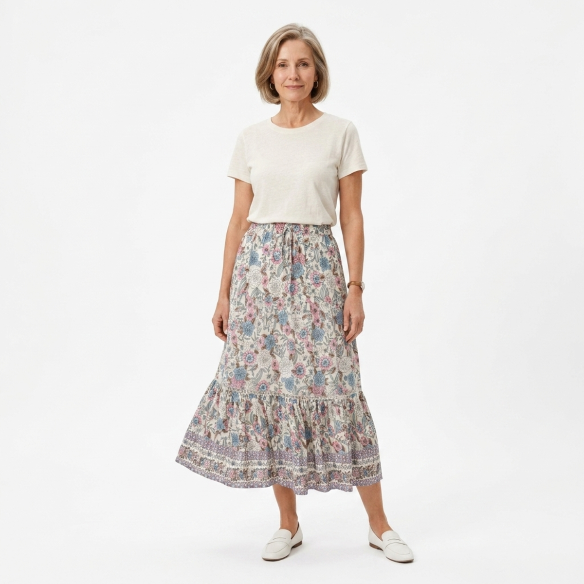 Long floral maxi skirt — high waist with lacing — summer vacation — Apricot