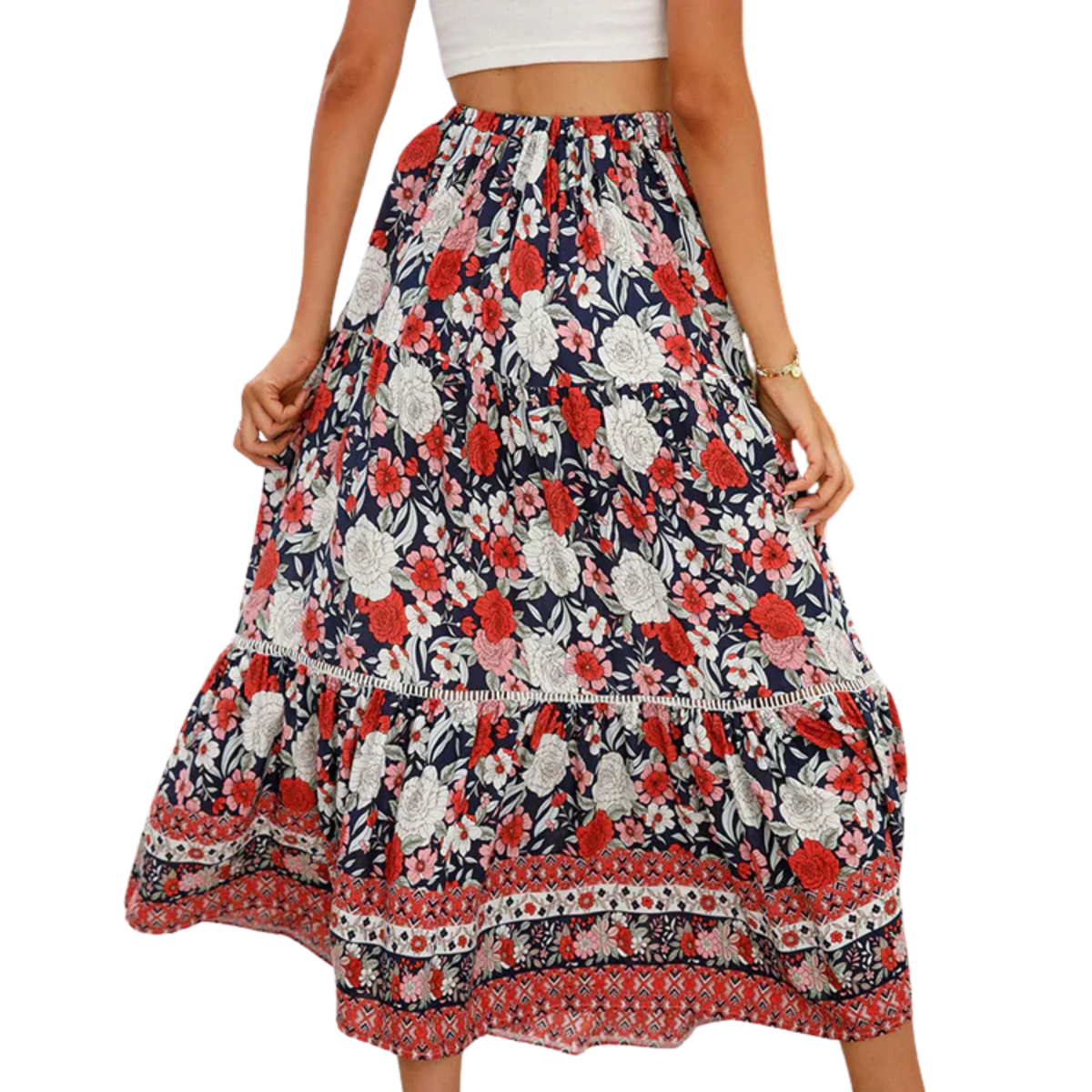 Long floral maxi skirt — high waist with lacing — summer vacation — Red