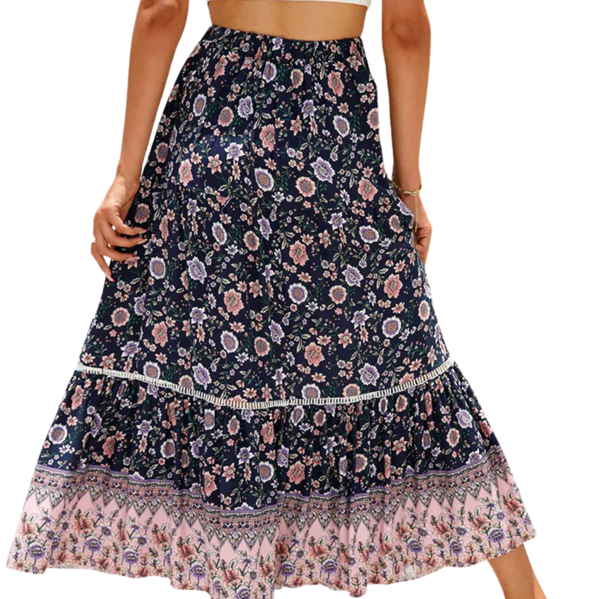 Long floral maxi skirt — high waist with lacing — summer vacation — Blue