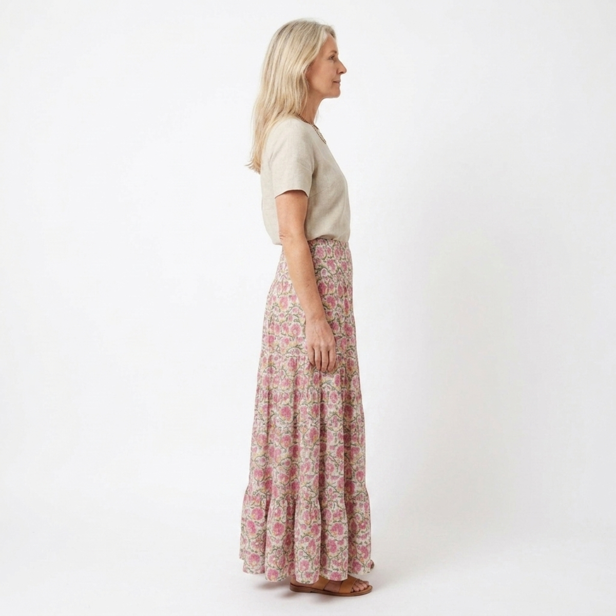 Long floral maxi skirt — high-waisted flared — summer vacation — product view