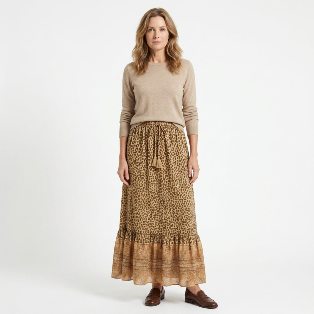 Long maxi skirt — leopard print with ruffles — summer vacation — Brown/Black