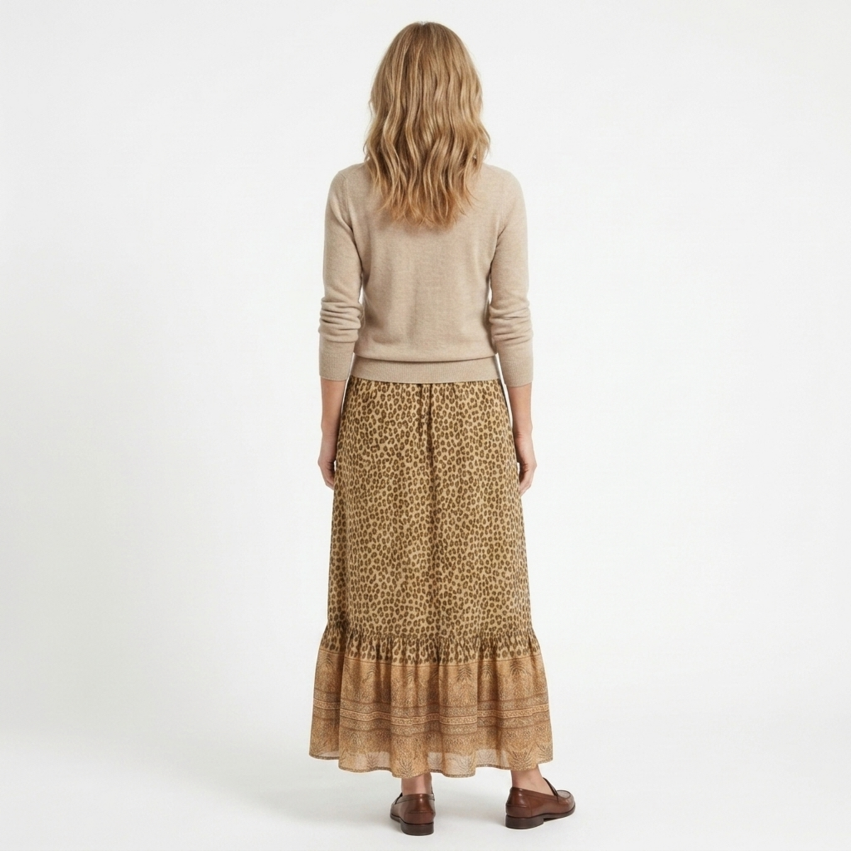 Long maxi skirt — leopard print with ruffles — summer vacation — product view