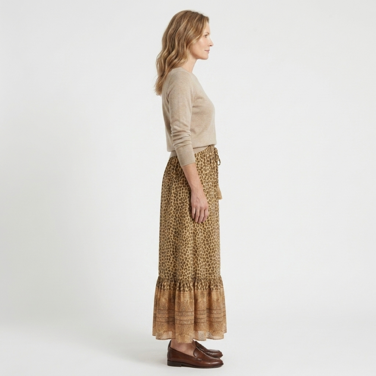 Long maxi skirt — leopard print with ruffles — summer vacation — product view