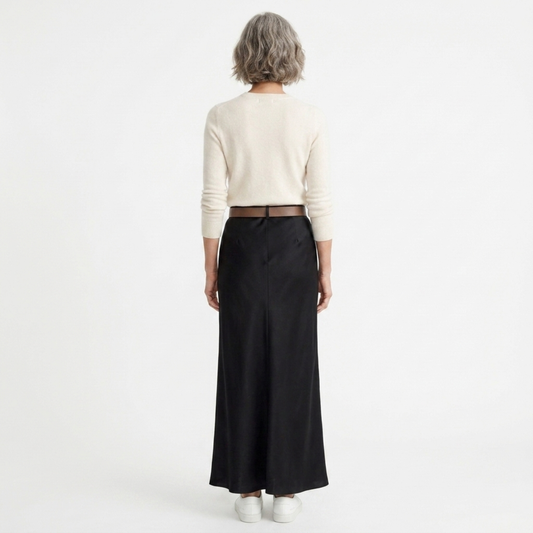 Long satin maxi skirt — high waist mermaid cut — evening wear — product view