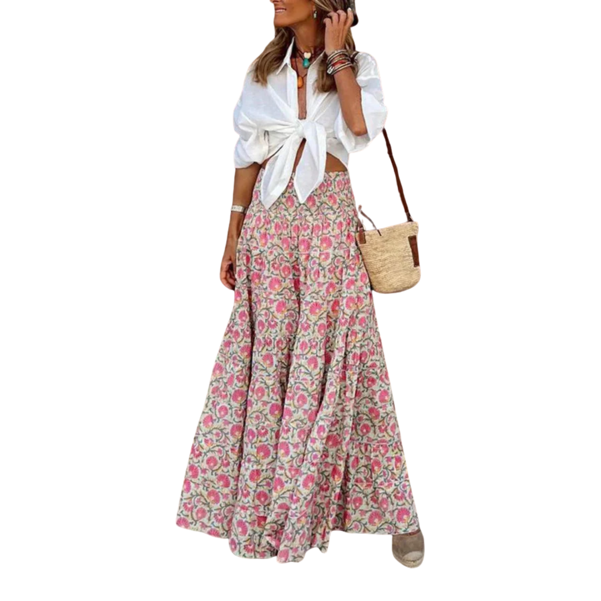 Bohemian long maxi skirt — elastic high waist — summer vacation — Light Pink
