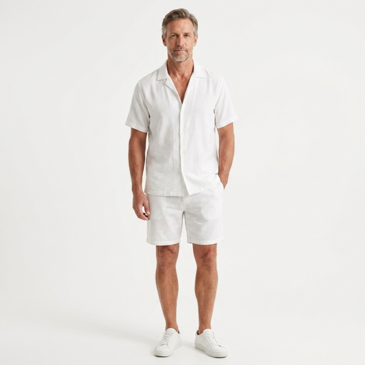 Men's set — short-sleeve shirt and shorts — summer and beach — White