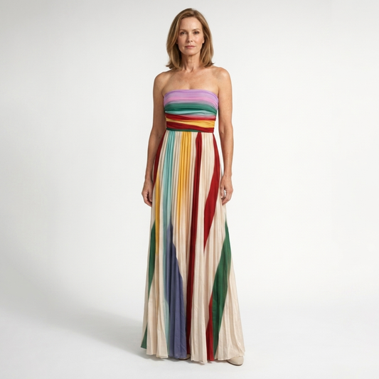 Women's long bohemian dress — strapless bustier — beach and summer — Multicolour stripes