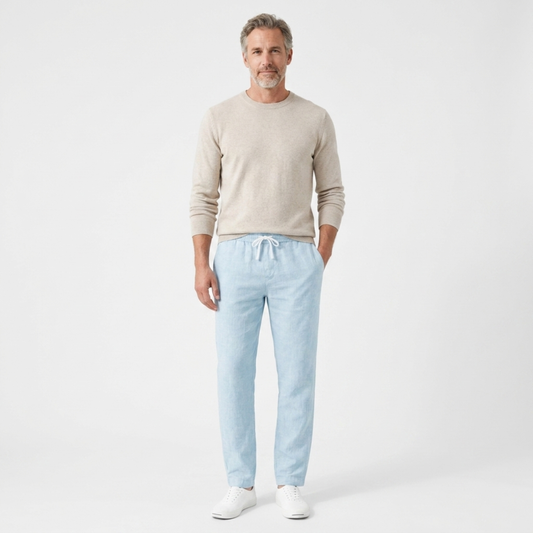 Men's straight-cut pants — elastic waistband with drawstring — Sky Blue