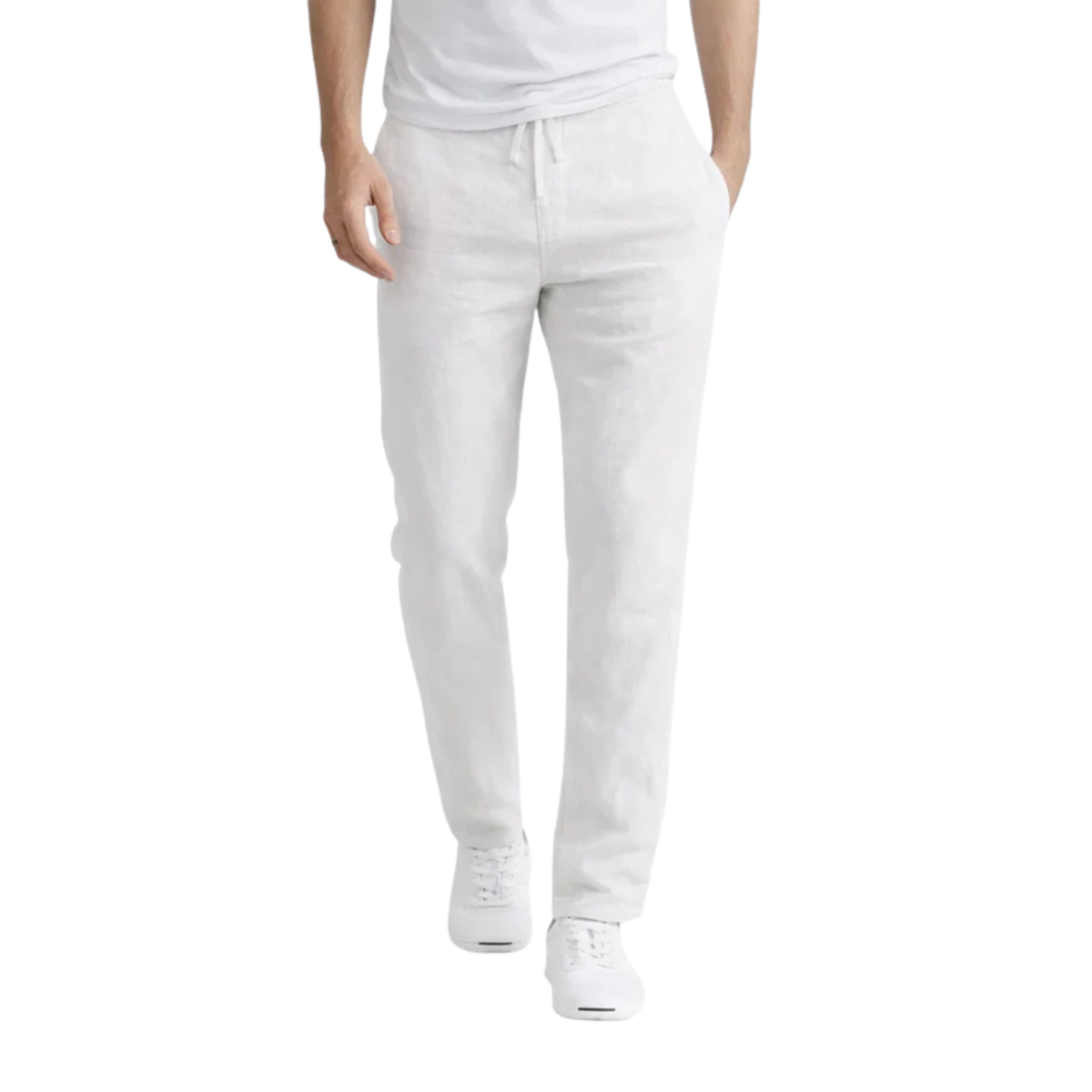 Men's straight-cut pants — elastic waistband with drawstring — White