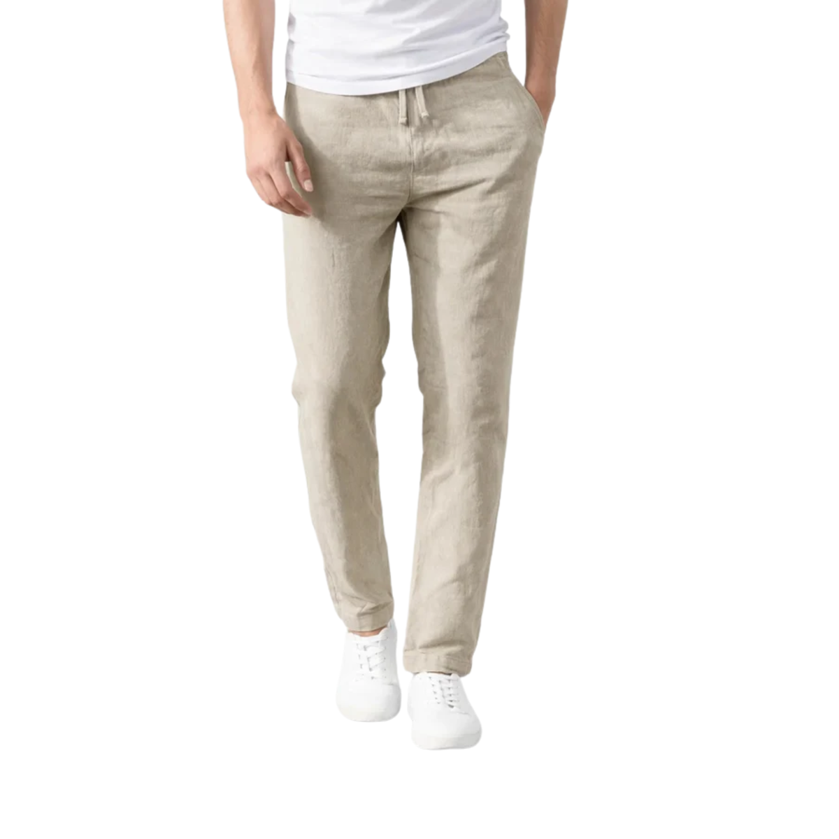 Men's straight-cut pants — elastic waistband with drawstring — Beige