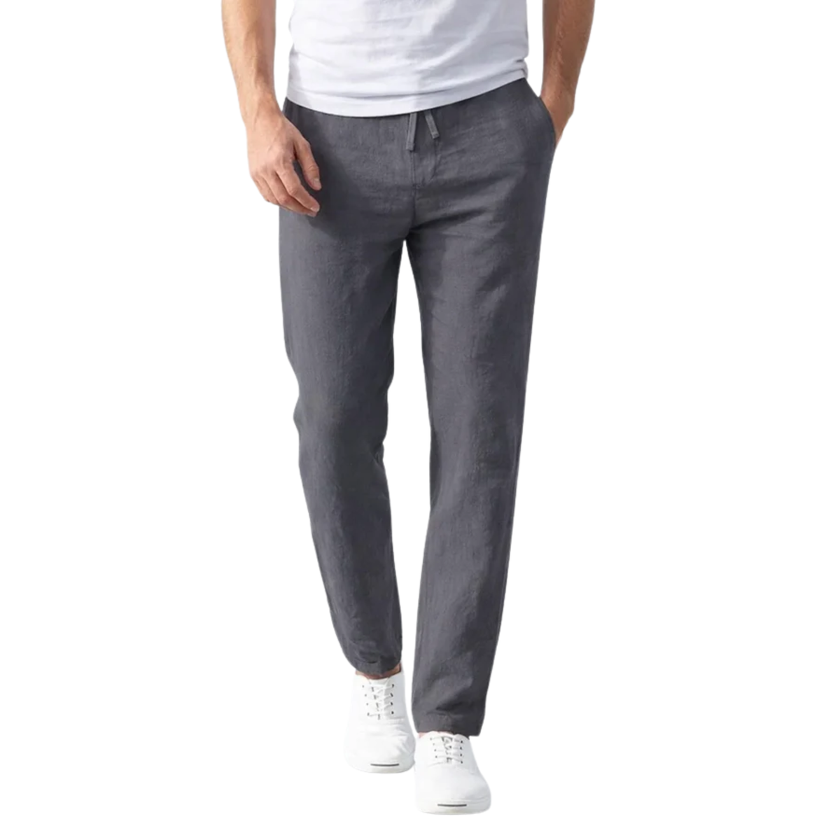 Men's straight-cut pants — elastic waistband with drawstring — Gray