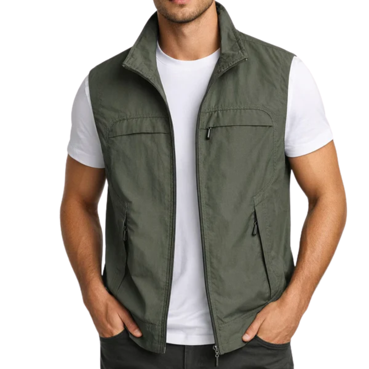 Men's sleeveless vest — zippered pockets — outerwear and mid-season — Army Green