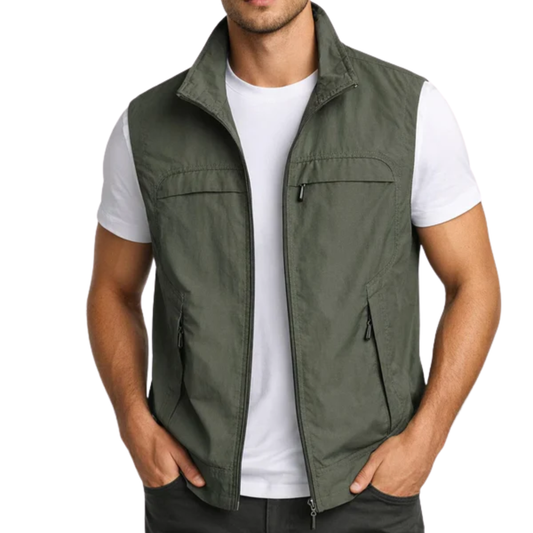 Men's sleeveless vest — zippered pockets — outerwear and mid-season — Army Green