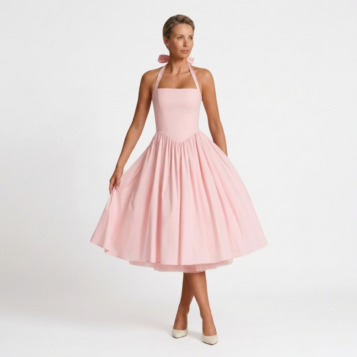 Women's midi halter dress — backless and full skirt — Pink