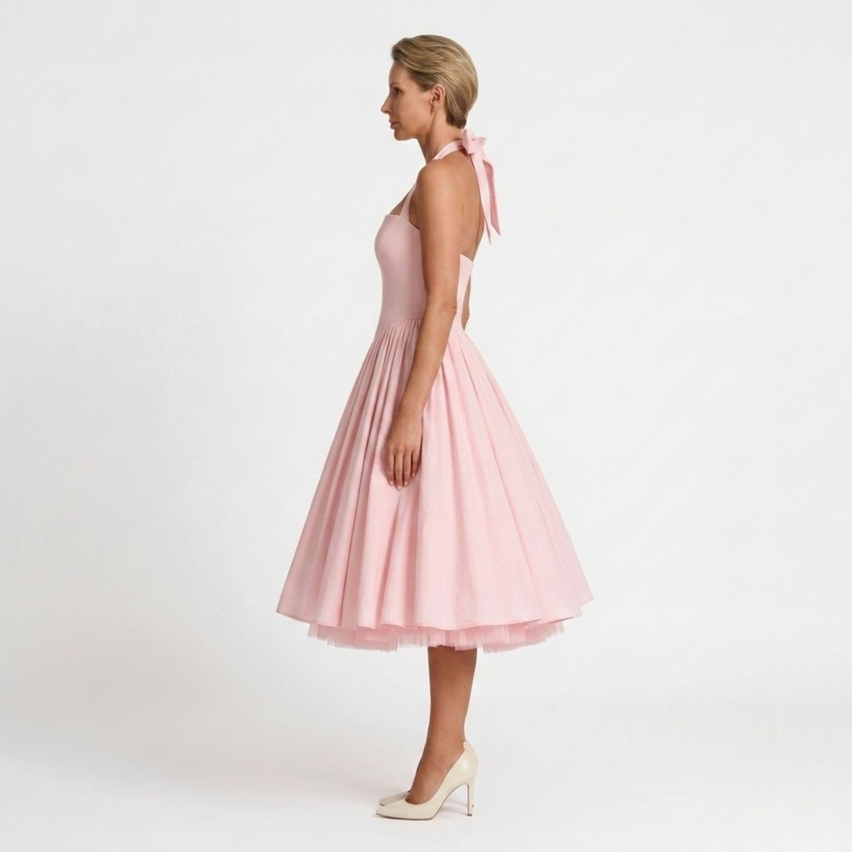 Women's midi halter dress — backless and full skirt — product view